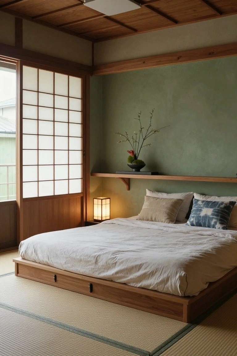 A low wooden platform bed with white linens rests on tatami mats beside a green wall with a floating shelf holding a small floral arrangement.