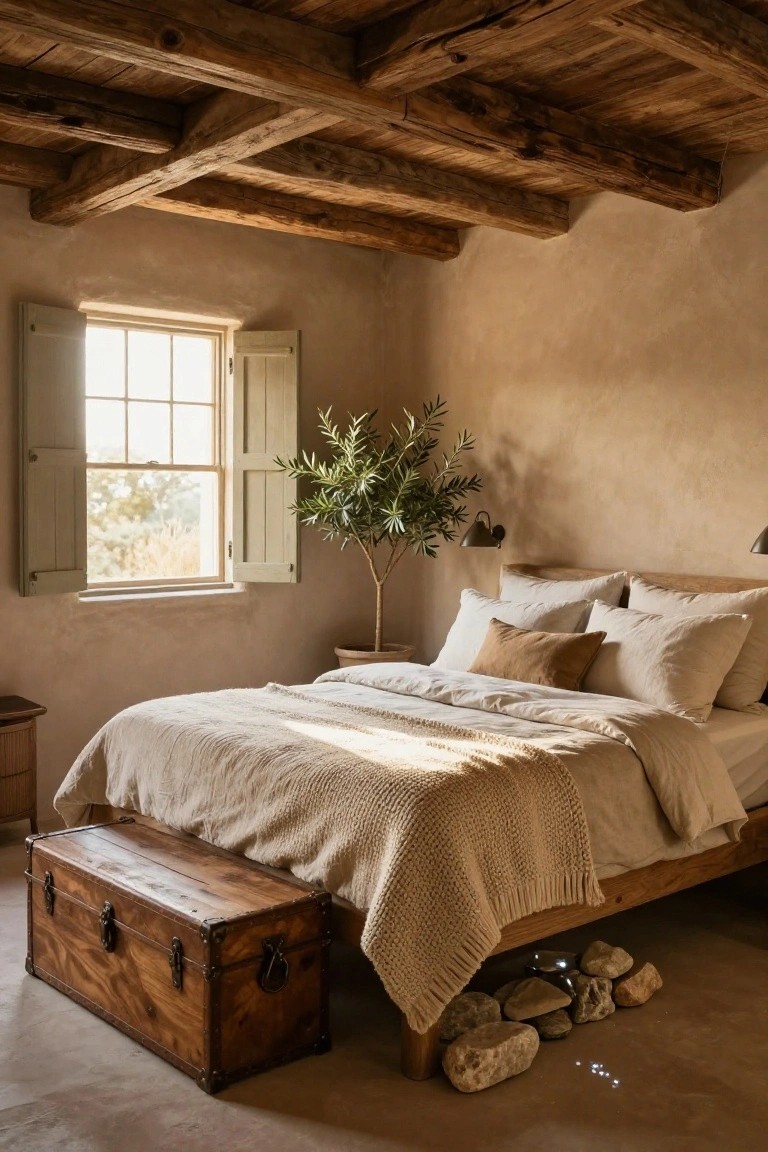 A bedroom with a wooden bed frame dressed in beige linen bedding, exposed wooden ceiling beams, a large wooden chest at the foot of the bed, and a window with light green shutters.