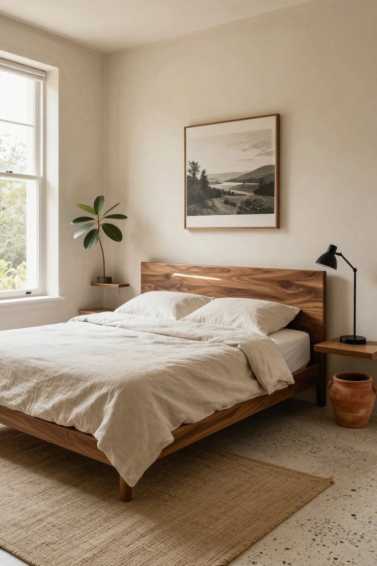 A bedroom featuring a wooden bed with white linens, a floating nightstand, a black lamp, and a large landscape print above the headboard.