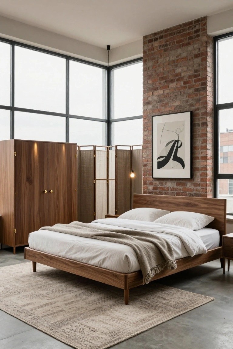 A bedroom with a low wooden bed, white bedding, beige throw, wooden wardrobe on the left, exposed brick wall with framed art, and large windows.