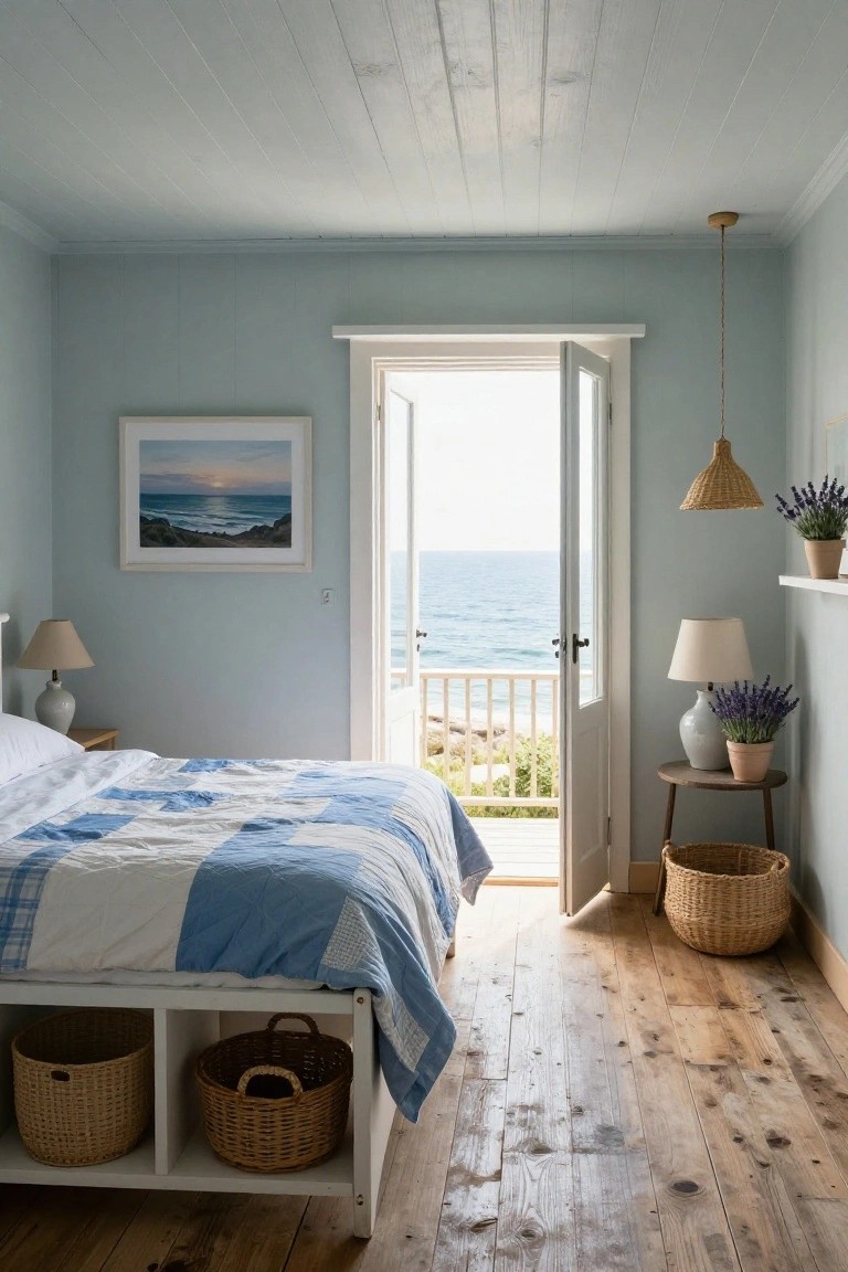 A bedroom with light blue walls features a bed with a blue and white patchwork quilt, white furniture, and open double doors revealing an ocean view.