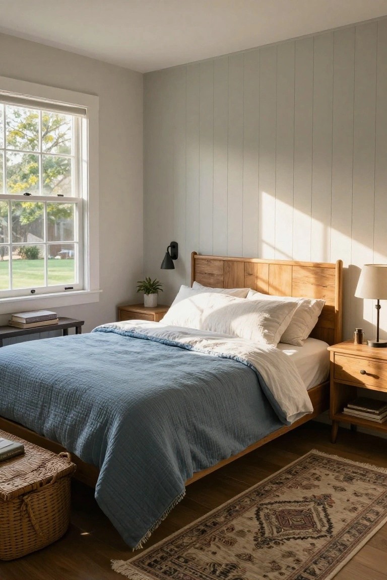 Sunlit wooden bed with blue bedding, white pillows, nightstands, and patterned rug.