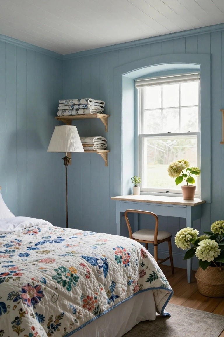 A bedroom with light blue paneled walls, a bed with a floral quilt, a wooden desk under an arched window, and two floating shelves holding folded linens.