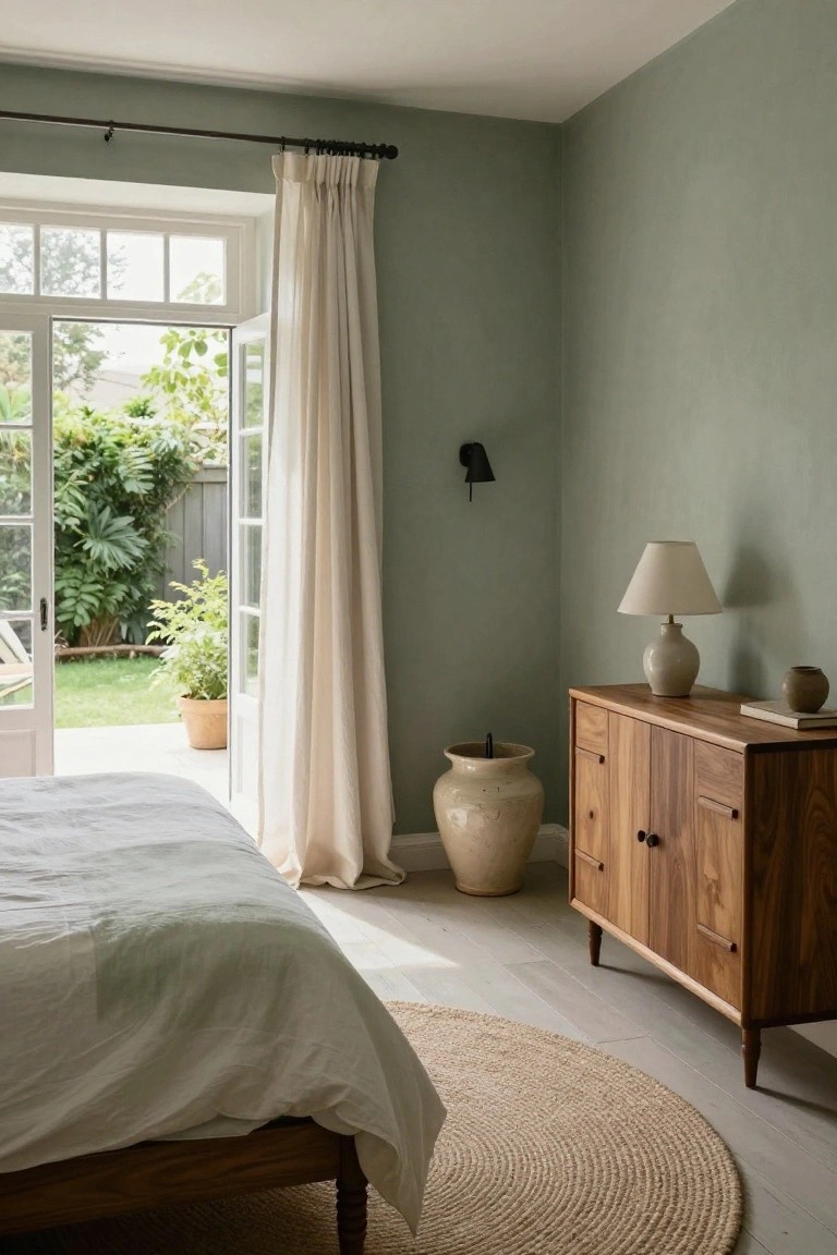 Serene bedroom with sage walls, wooden dresser, linen curtains, and open garden doors
