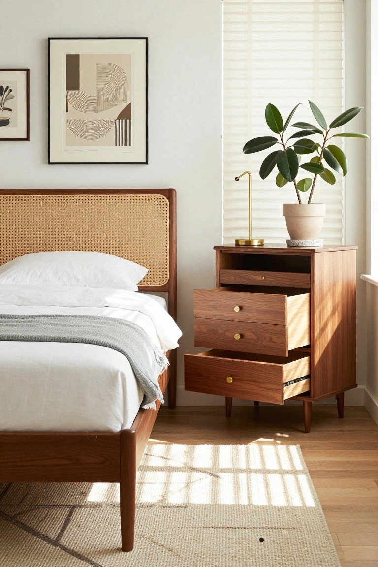 Modern wooden bed with cane headboard beside walnut nightstand with open drawers and plant.
