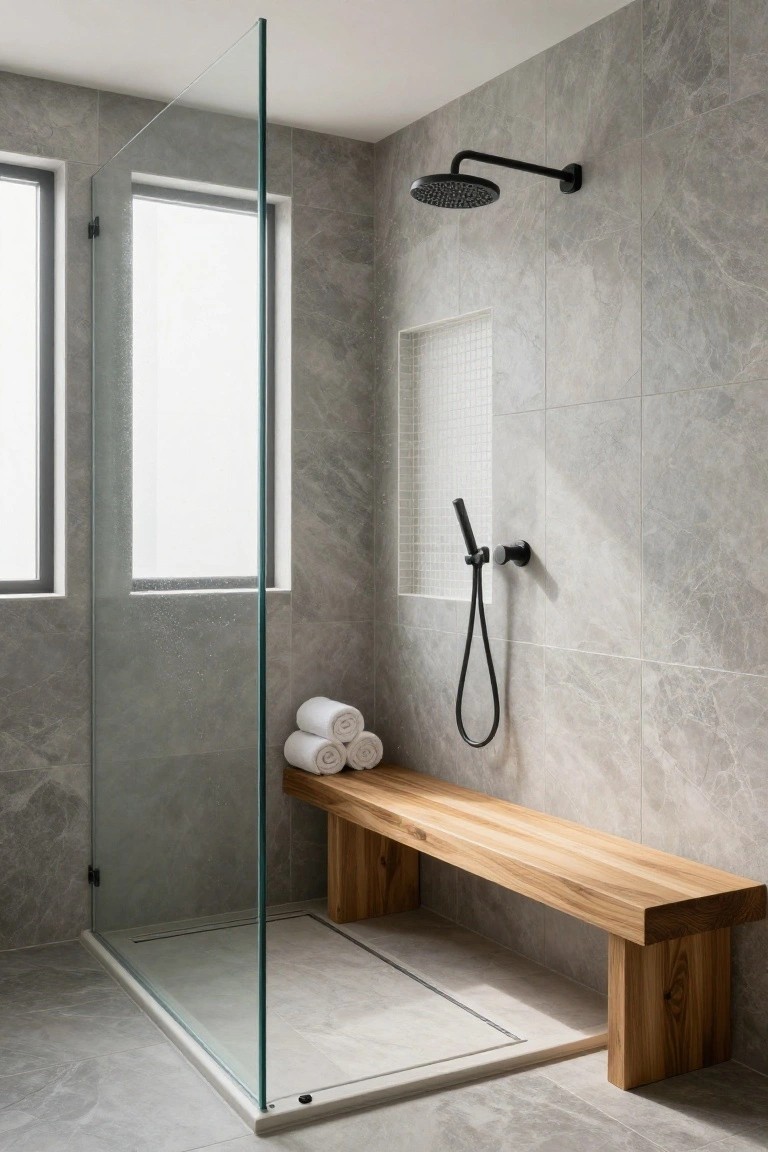 A shower interior with gray marble tiles, a glass door, black fixtures, and a wooden bench holding rolled white towels.