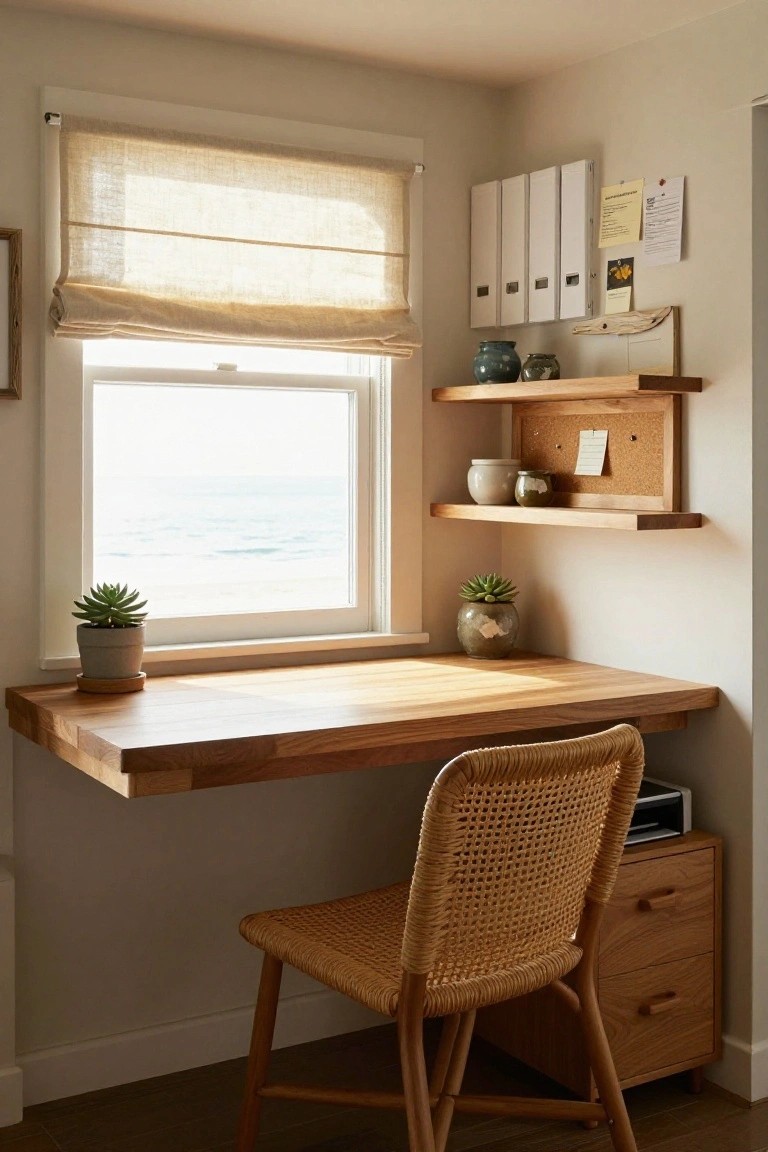 A wooden floating desk is installed beneath a large window with a woven chair pulled up to it, and small potted plants sit on the desk and windowsill.