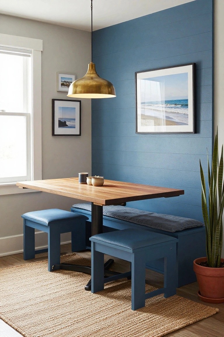 A wooden dining table with blue upholstered stools and a bench against a blue accent wall, with framed coastal prints above.