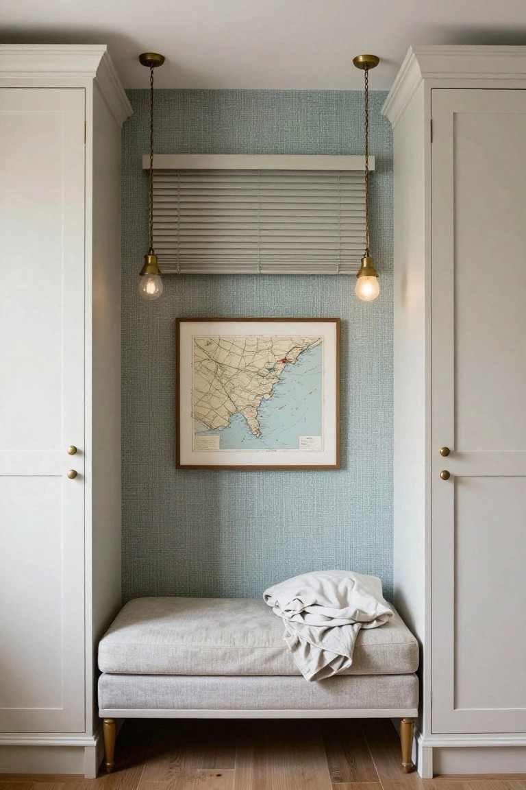 A small alcove between two white built-in cabinets features a gray upholstered bench, light blue textured wallpaper, a framed map, and two brass pendant lights.
