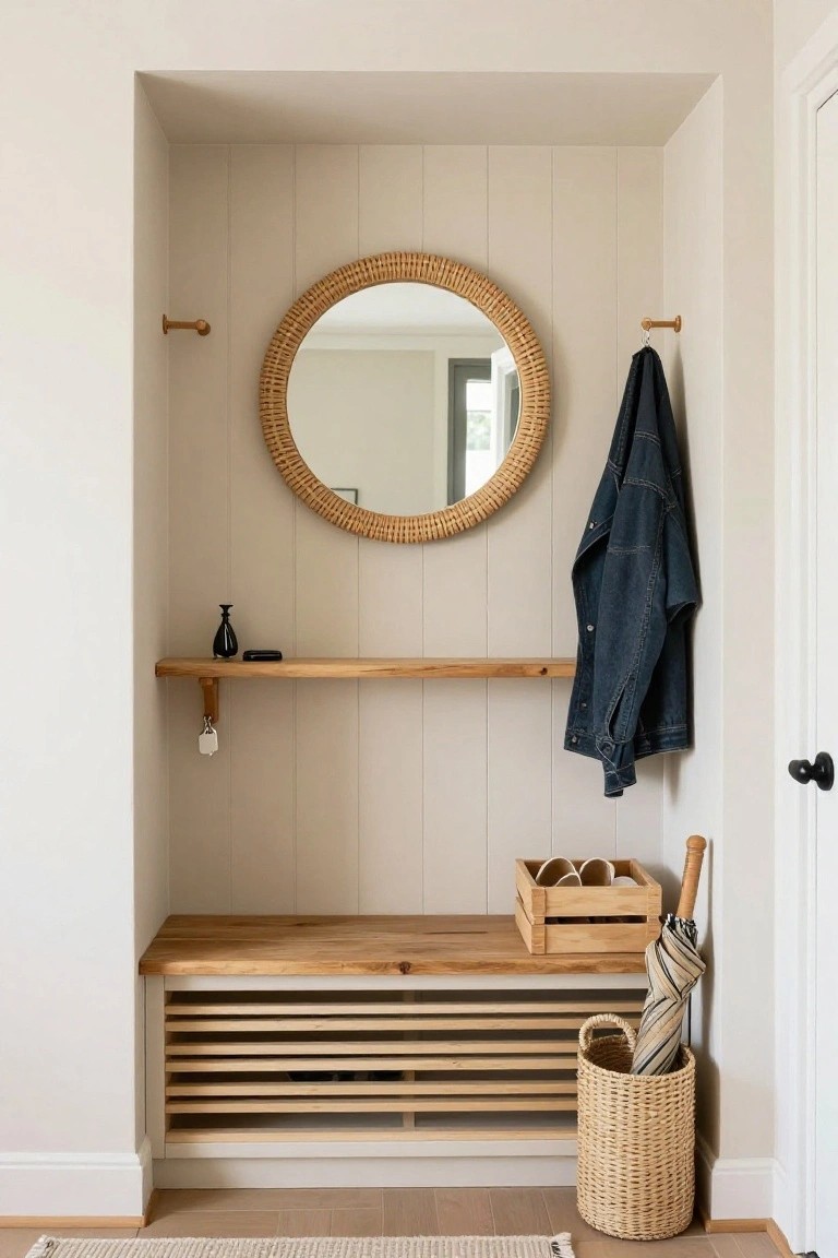 A compact entry nook featuring a round rattan mirror above a wooden floating shelf, a built-in wooden bench with slatted under-storage, and a woven basket with an umbrella next to a hanging denim jacket.