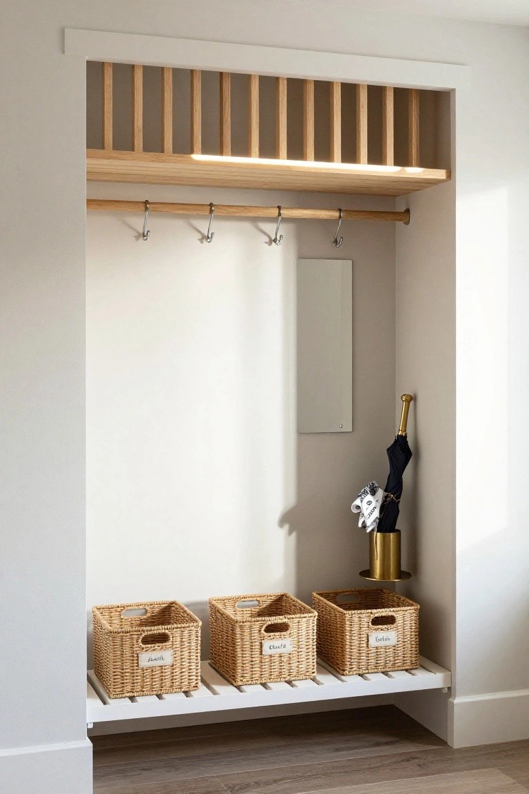 A recessed interior entry nook featuring a white bench with three woven baskets, a wooden rod with metal hooks, and an umbrella holder on the right.