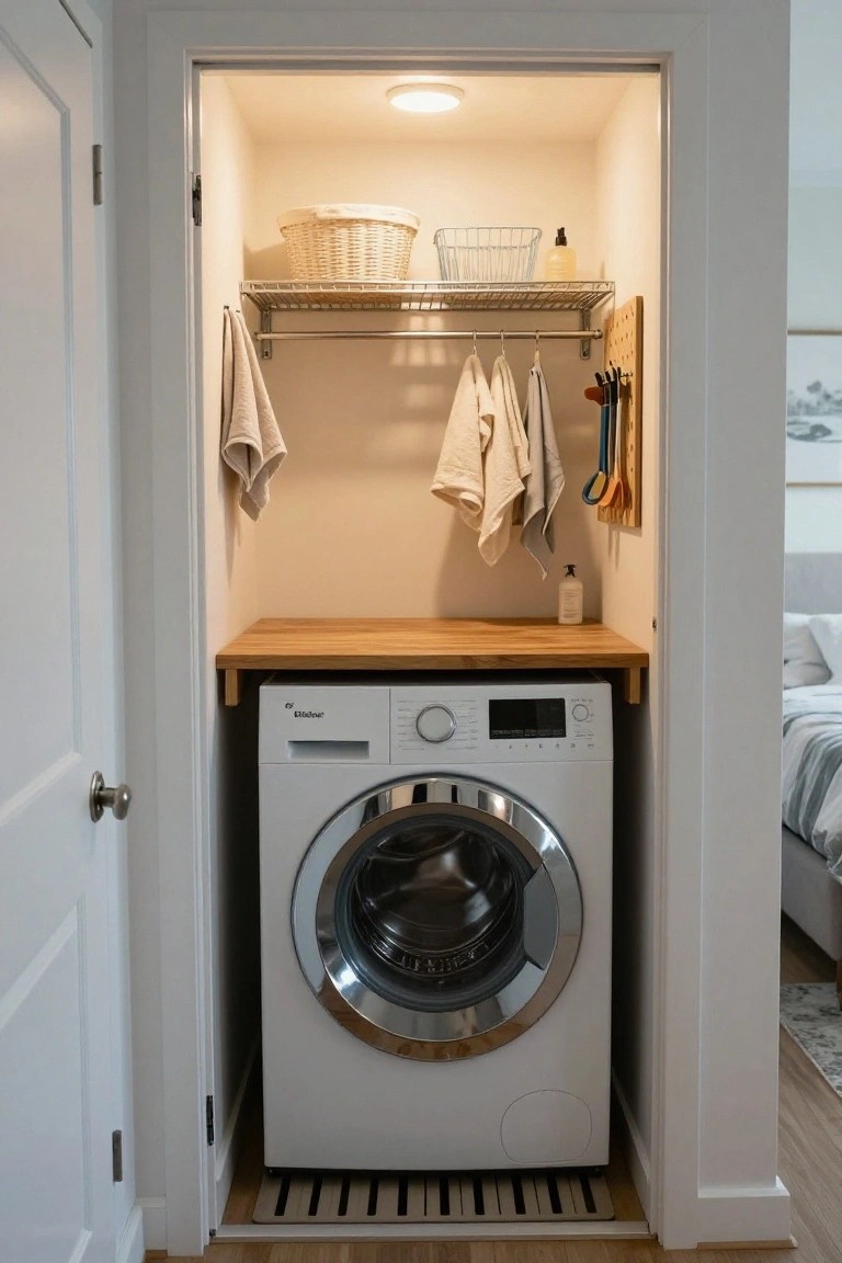 A white front-loading washing machine in a narrow closet with a light wood counter above it, a metal shelf holding baskets, and a hanging rod with towels.