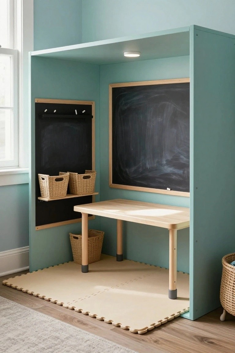 A teal built-in alcove with two chalkboards, a wooden desk, and woven baskets arranged on a foam mat floor.