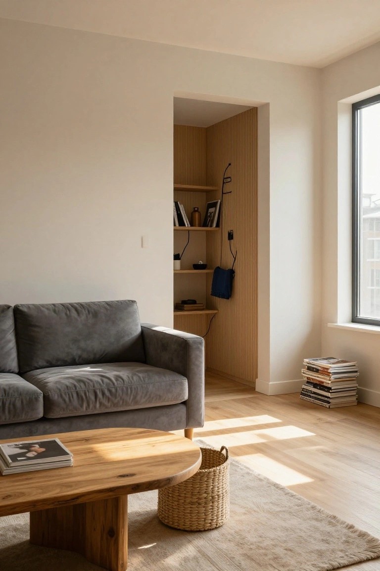 Gray sofa, round wooden table, and sunlit built-in shelves in minimalist living room