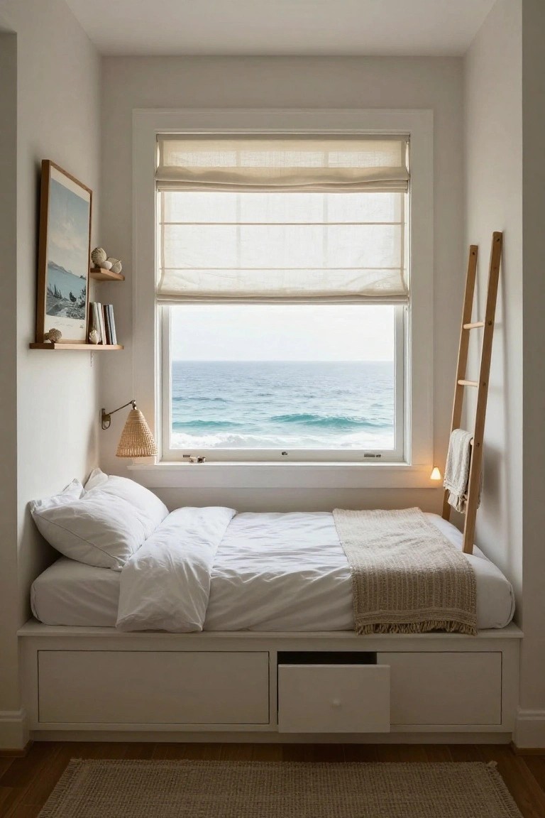A small bedroom features a white built-in bed with storage drawers underneath, positioned below a large window with a rolled-up shade overlooking the ocean.