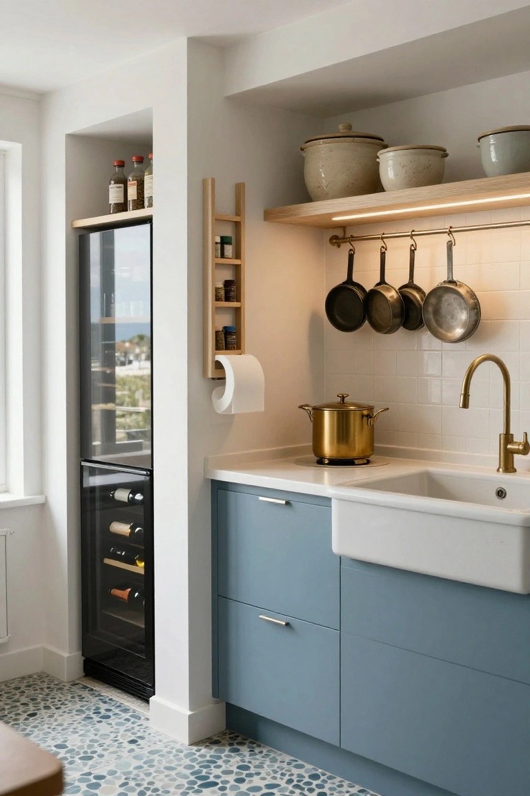 A compact kitchen with blue lower cabinets, a white sink, brass faucet, and a built-in wine refrigerator placed in a narrow alcove beside open shelving.
