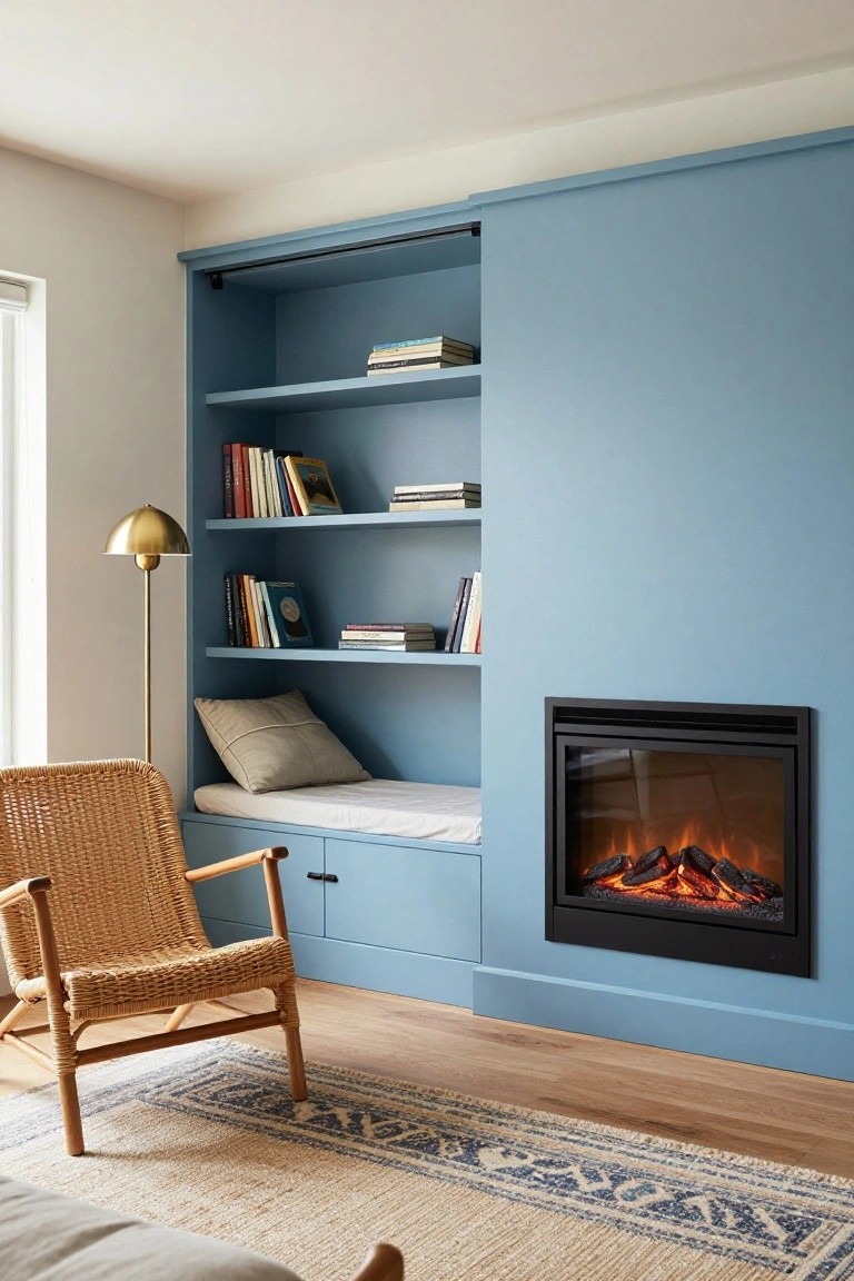 Blue built-in shelves with books, bench, and fireplace beside woven chair