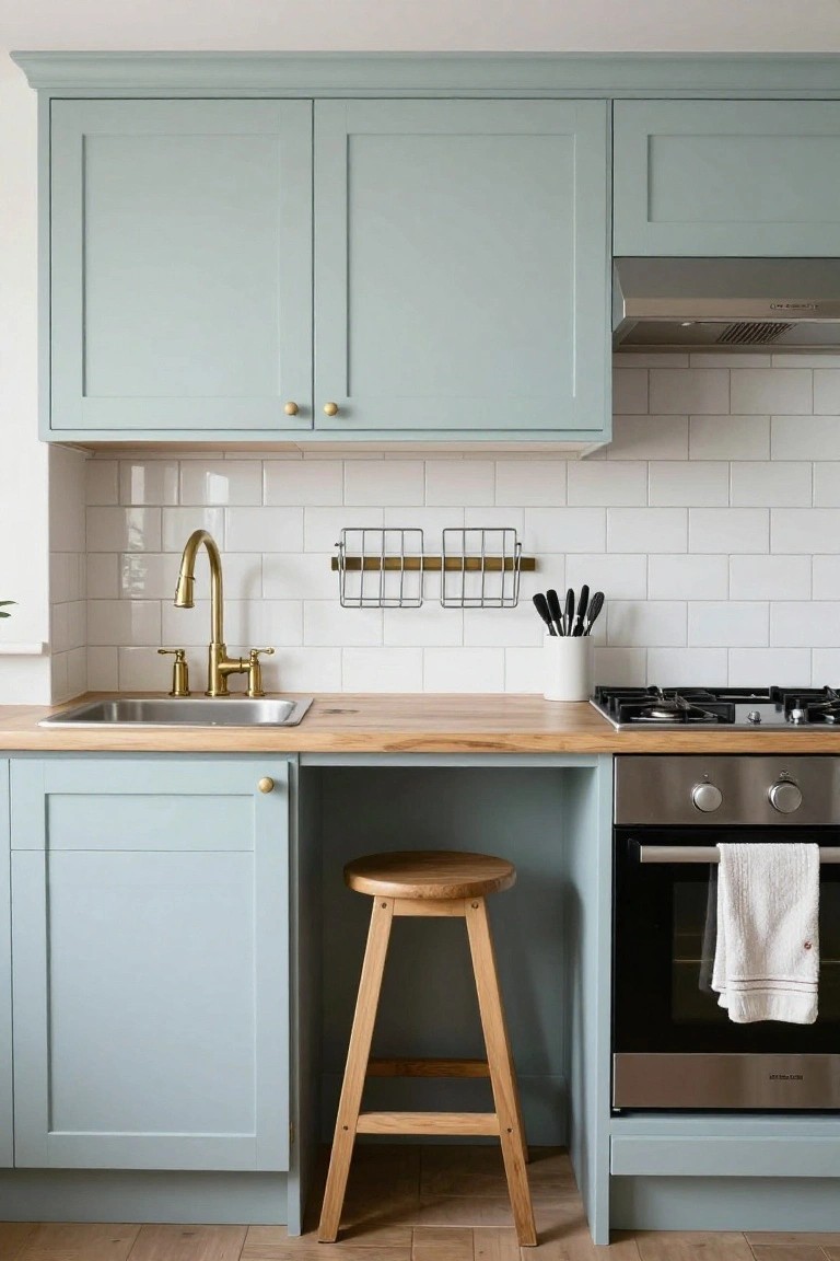 A compact kitchen with sage green cabinets, light wood countertops, a brass faucet, and a wooden stool tucked under the counter.