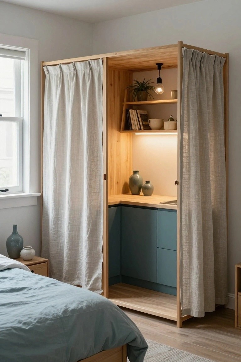A light wood built-in storage unit with teal lower cabinets, open shelves, and beige curtains on both sides in a bedroom.