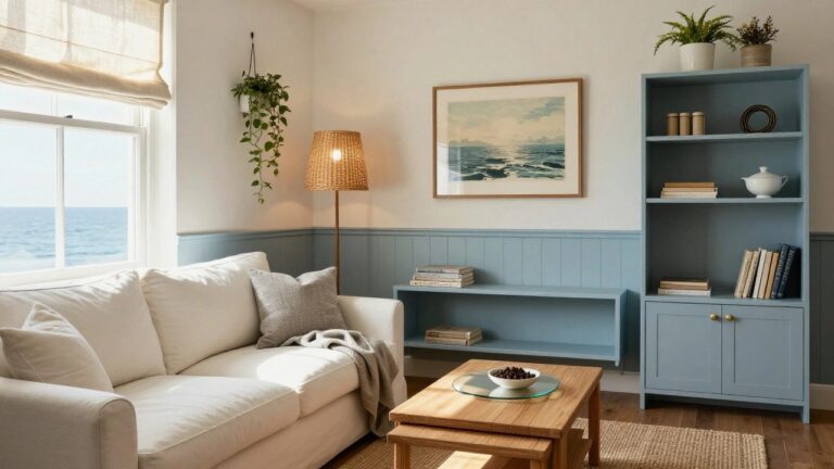 25 Smart Coastal Apartment Interior Ideas for Stylish Small Spaces A small living room with soft blue walls, a white sofa, a wooden coffee table, light blue floating shelves, and two windows with beige roman shades.