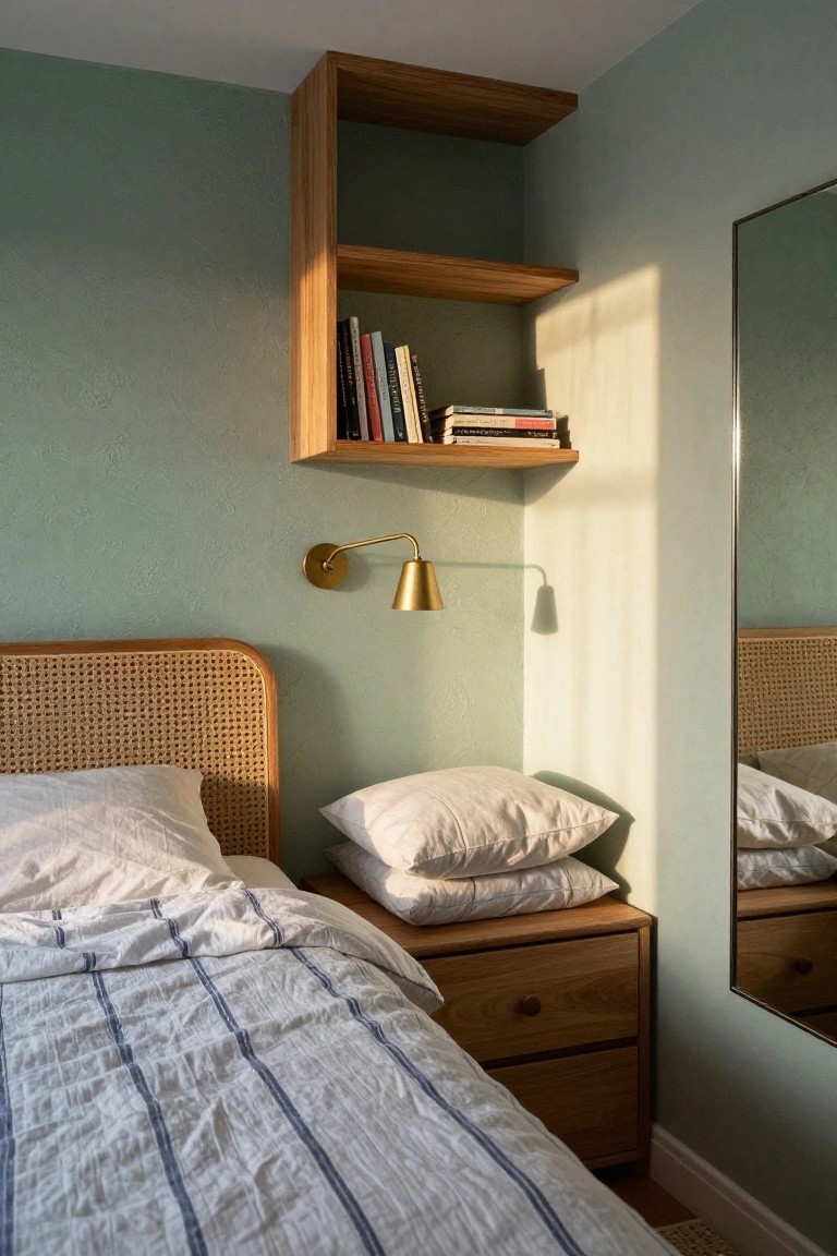 Bedroom corner with wooden floating shelves holding books, a brass wall sconce, and a wooden nightstand next to a bed with a cane headboard.