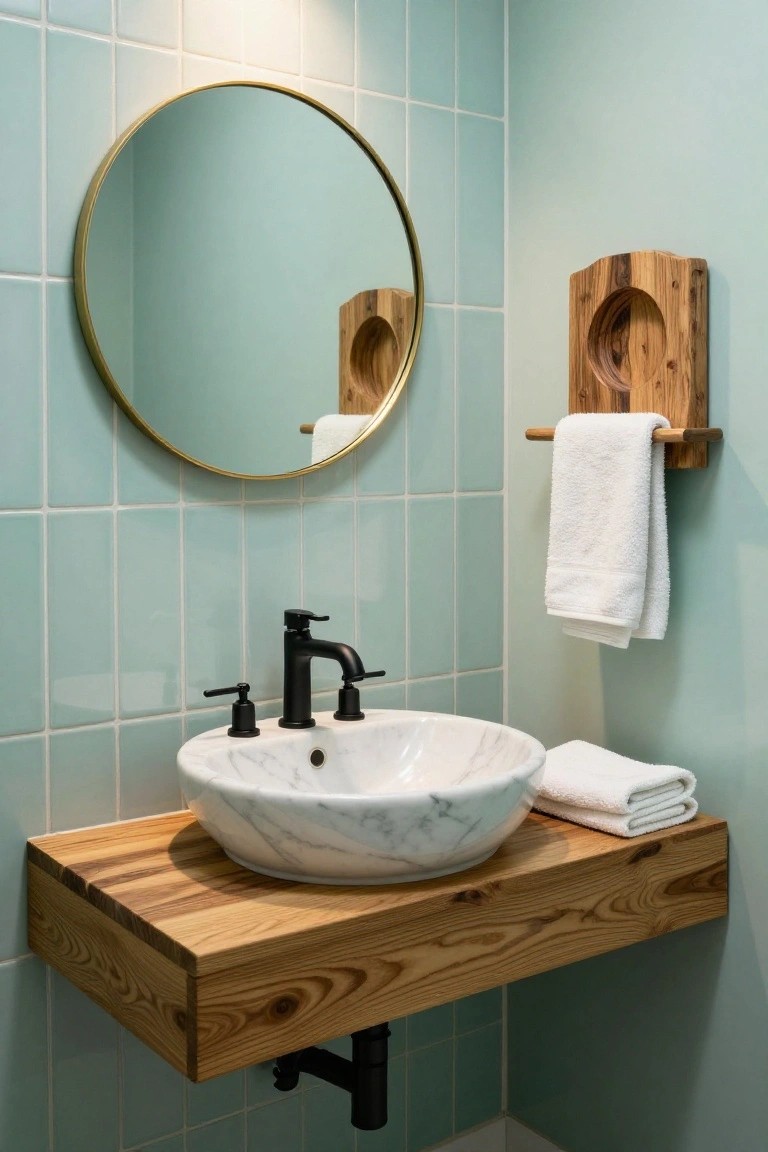 A bathroom corner shows a white marble vessel sink on a thick wooden floating counter, a round gold-framed mirror on light blue tile, and a wooden wall-mounted towel holder to the right.