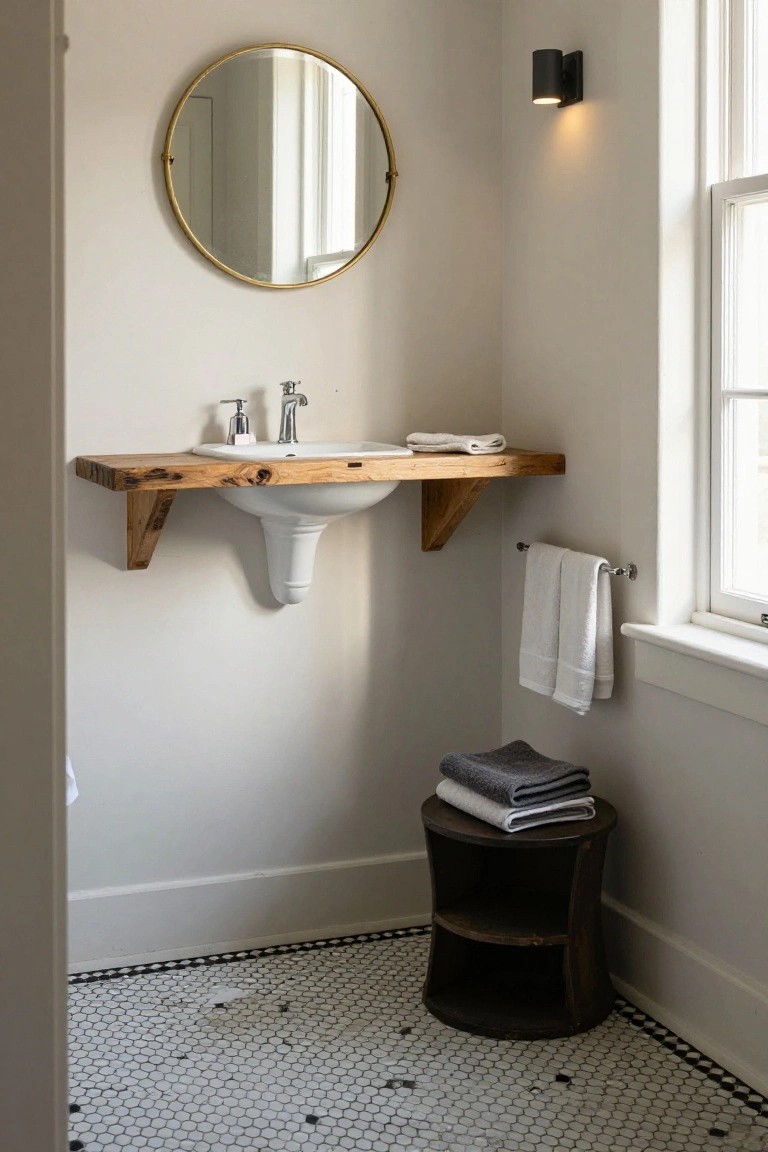 A bathroom corner with a white sink mounted on a rustic wooden shelf supported by brackets, a round mirror above, and a small dark wooden stool holding folded towels beside a window.