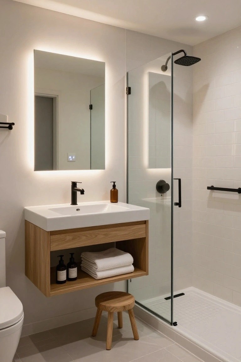 A compact bathroom featuring a floating wooden vanity with white sink, open lower shelf holding towels and bottles, backlit mirror, glass shower, and a small wooden stool.