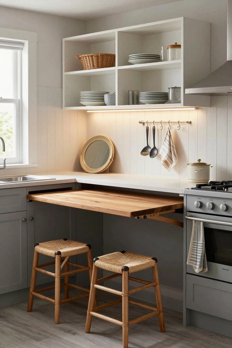 A small kitchen with a wooden fold-down table extended from the counter, two woven stools underneath, open white shelves on the wall above, and gray lower cabinets.