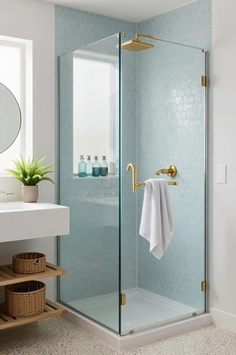 Modern bathroom shower with light blue hexagonal tiles, gold fixtures, and white towel.
