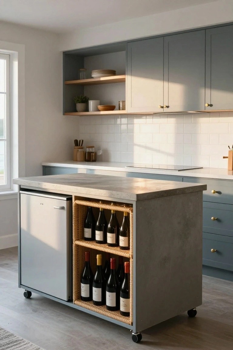A mobile gray kitchen island with a concrete top, wine fridge on one end, and two tiers of woven baskets holding wine bottles, set in a kitchen with blue cabinets and white tile.