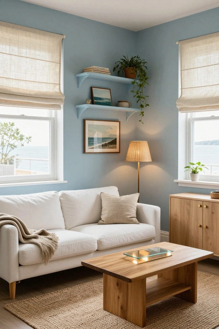 A small living room with soft blue walls, a white sofa, a wooden coffee table, light blue floating shelves, and two windows with beige roman shades.