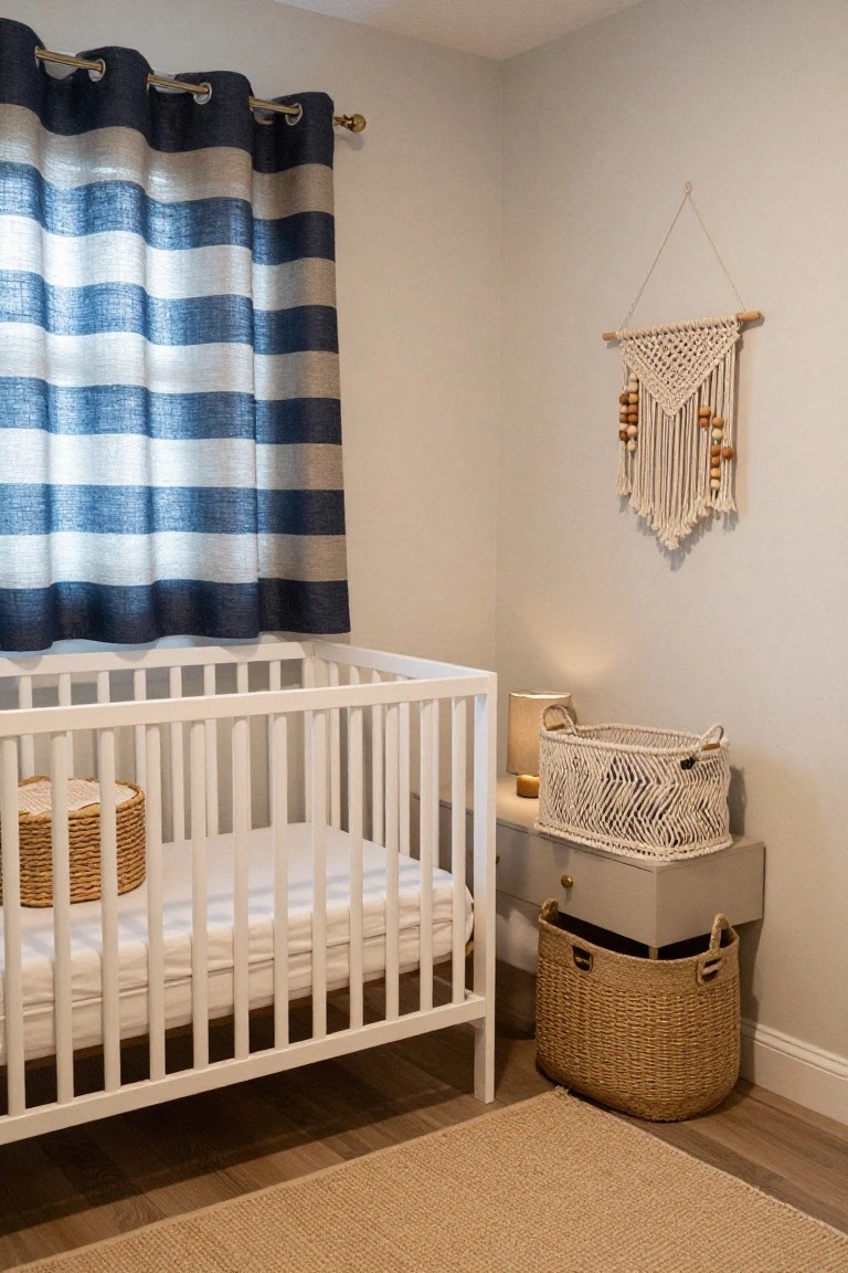 A white crib sits in a small room with blue and white striped curtains, a gray dresser, woven baskets, and a macrame wall hanging.