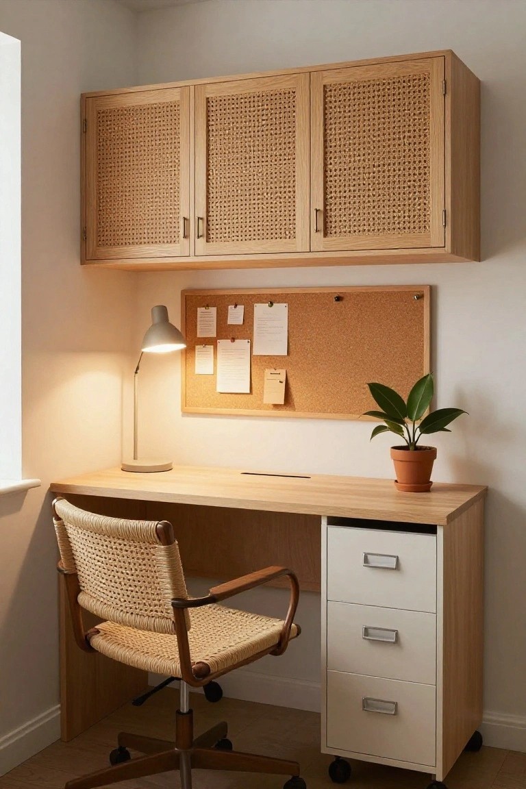 A compact home office corner showing a light wood desk with a woven chair, wall mounted oak cabinets with cane fronts, a corkboard, desk lamp, and potted plant.