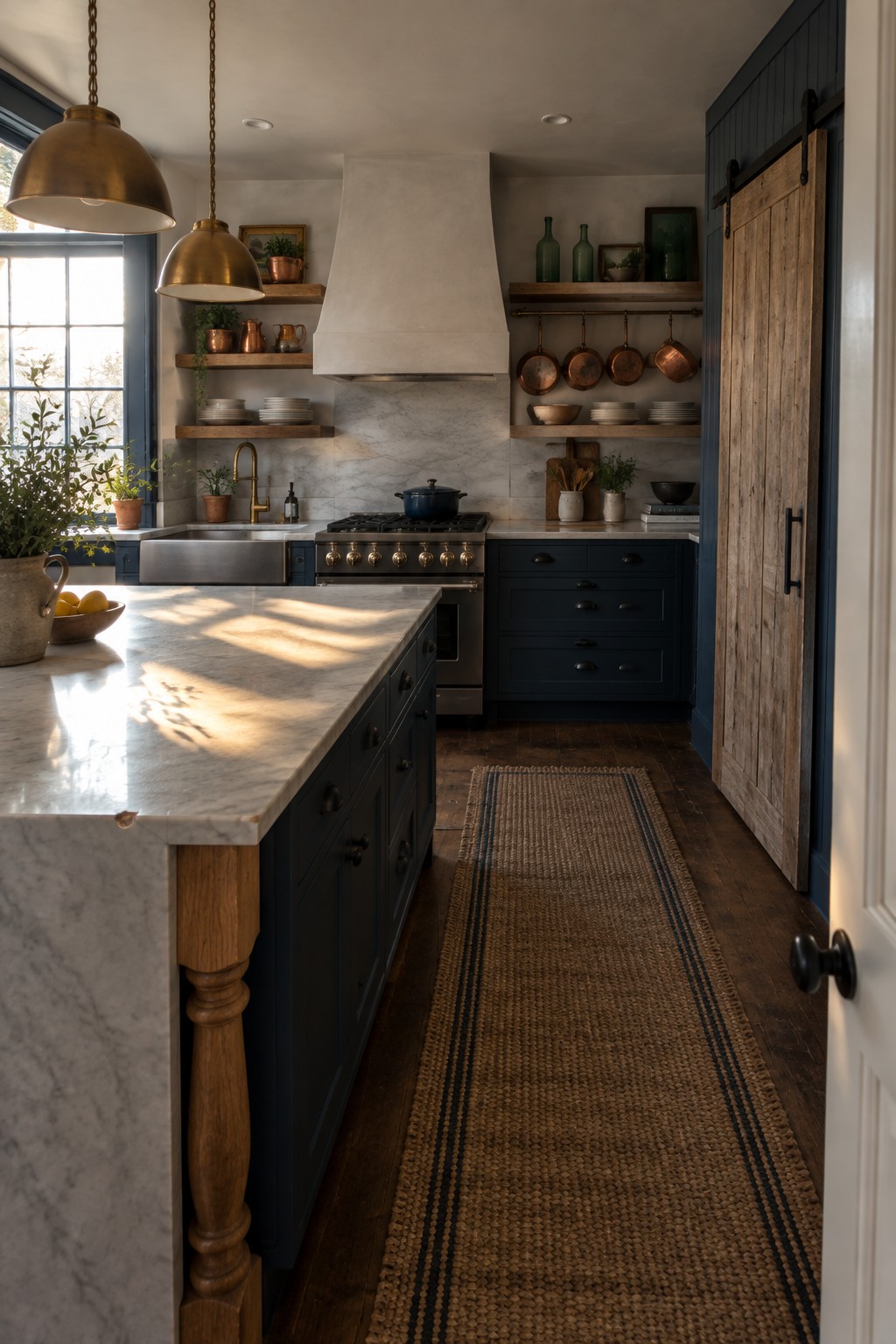 A farmhouse kitchen featuring dark blue shaker cabinets, open wooden shelves holding dishes and copper pots, a marble island, and a large white range hood.