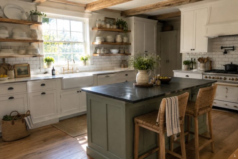 18 Charming Farmhouse Kitchen Ideas With Shaker Cabinets and Open Shelving A farmhouse kitchen with white shaker cabinets, wooden open shelves on a white tile wall, a dark countertop island with wicker stools, and a white farmhouse sink under a window.