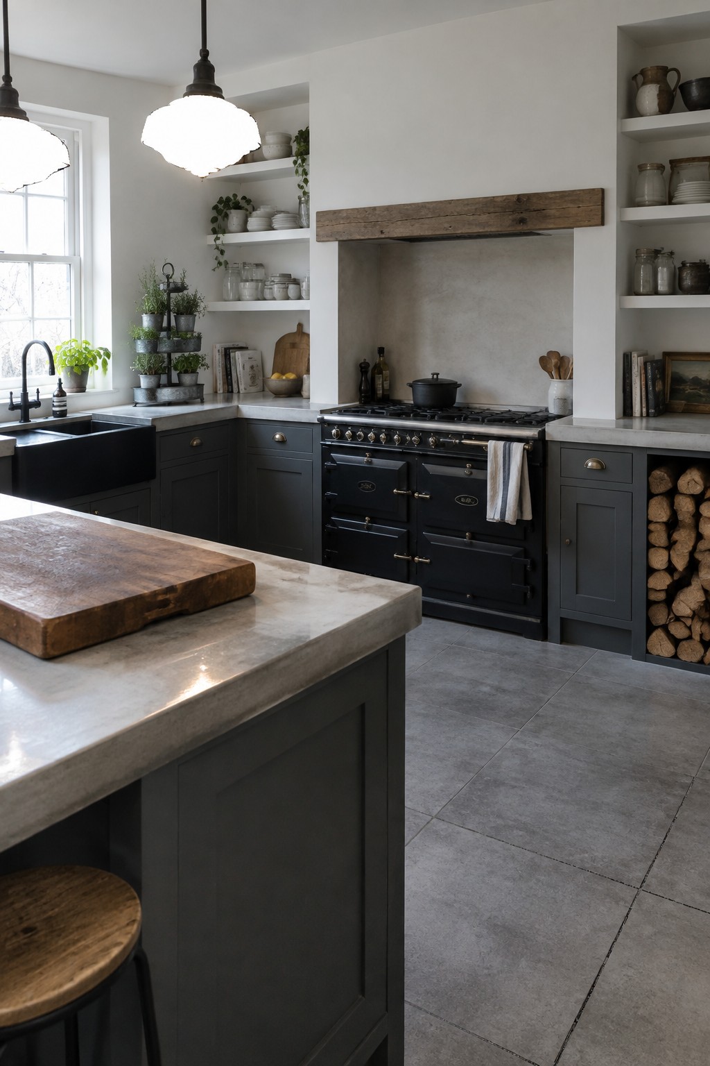 A farmhouse kitchen with dark gray Shaker cabinets, open white shelves holding dishes and jars, a black range cooker under a wooden beam, and a stone countertop island.