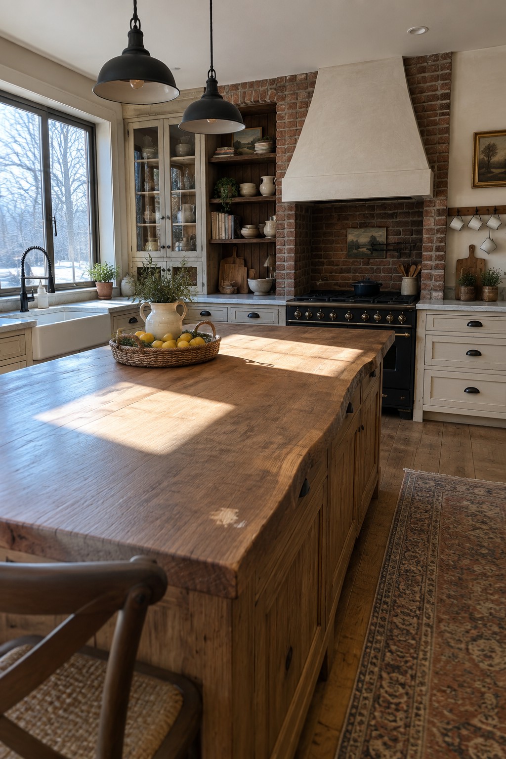 A farmhouse kitchen with a large wooden island, white shaker cabinets, open wooden shelving on a brick wall, and a black range with a plaster hood.