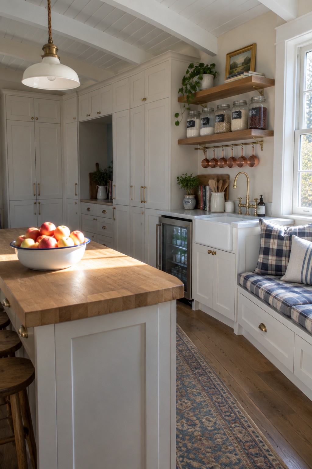 White farmhouse kitchen with wooden island, apple bowl, sink, shelves, and plaid window seat.