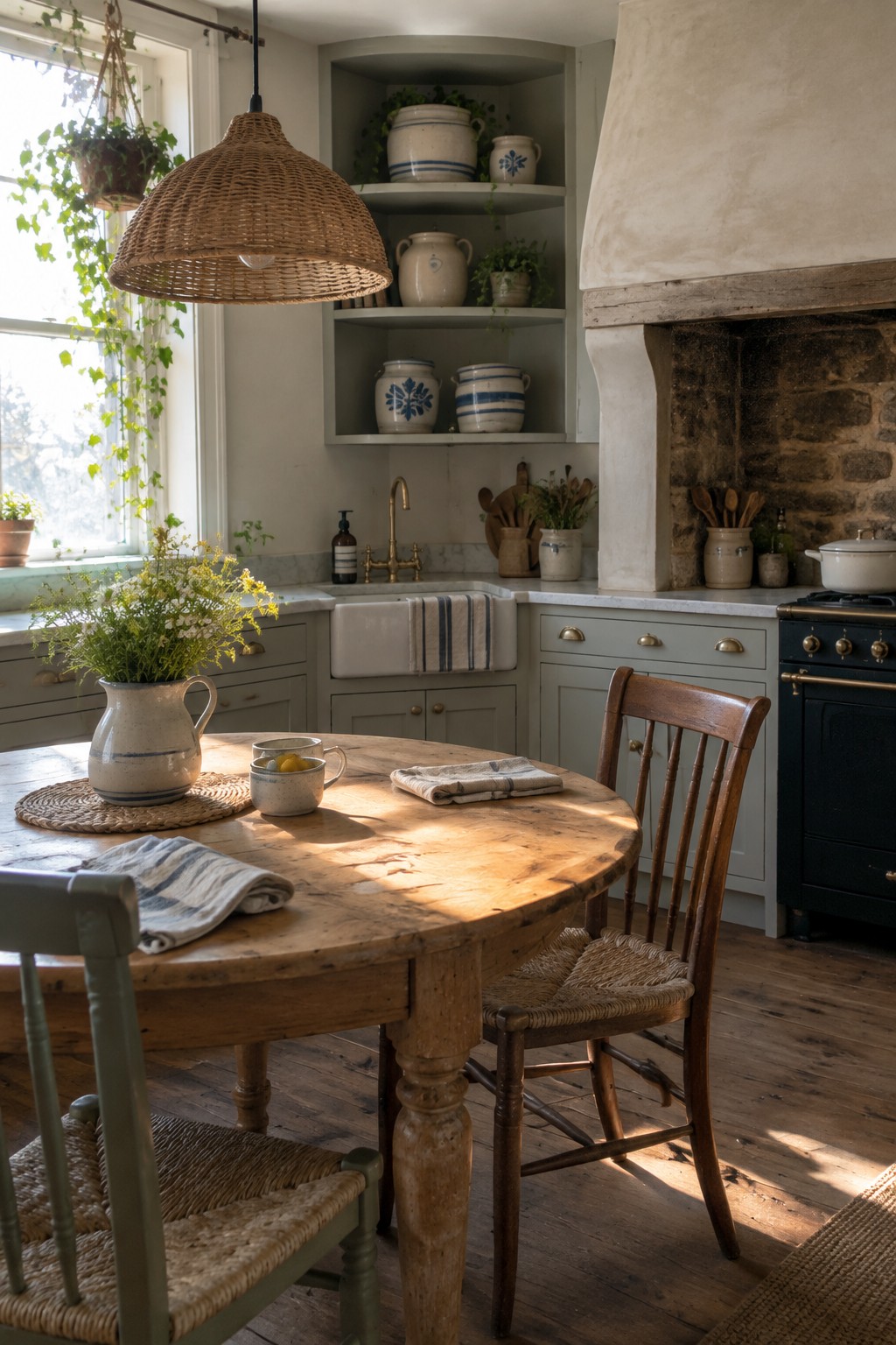 Rustic kitchen with round wooden table, woven chairs, blue pottery shelves, and stone fireplace