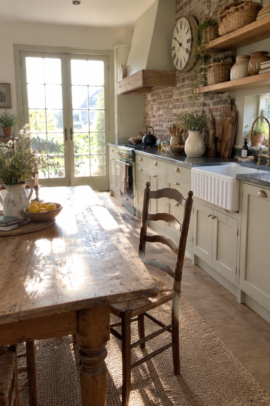 A bright farmhouse kitchen with light green Shaker cabinets, wooden open shelves on a brick wall, a white farmhouse sink, and a rustic wooden dining table in the foreground.