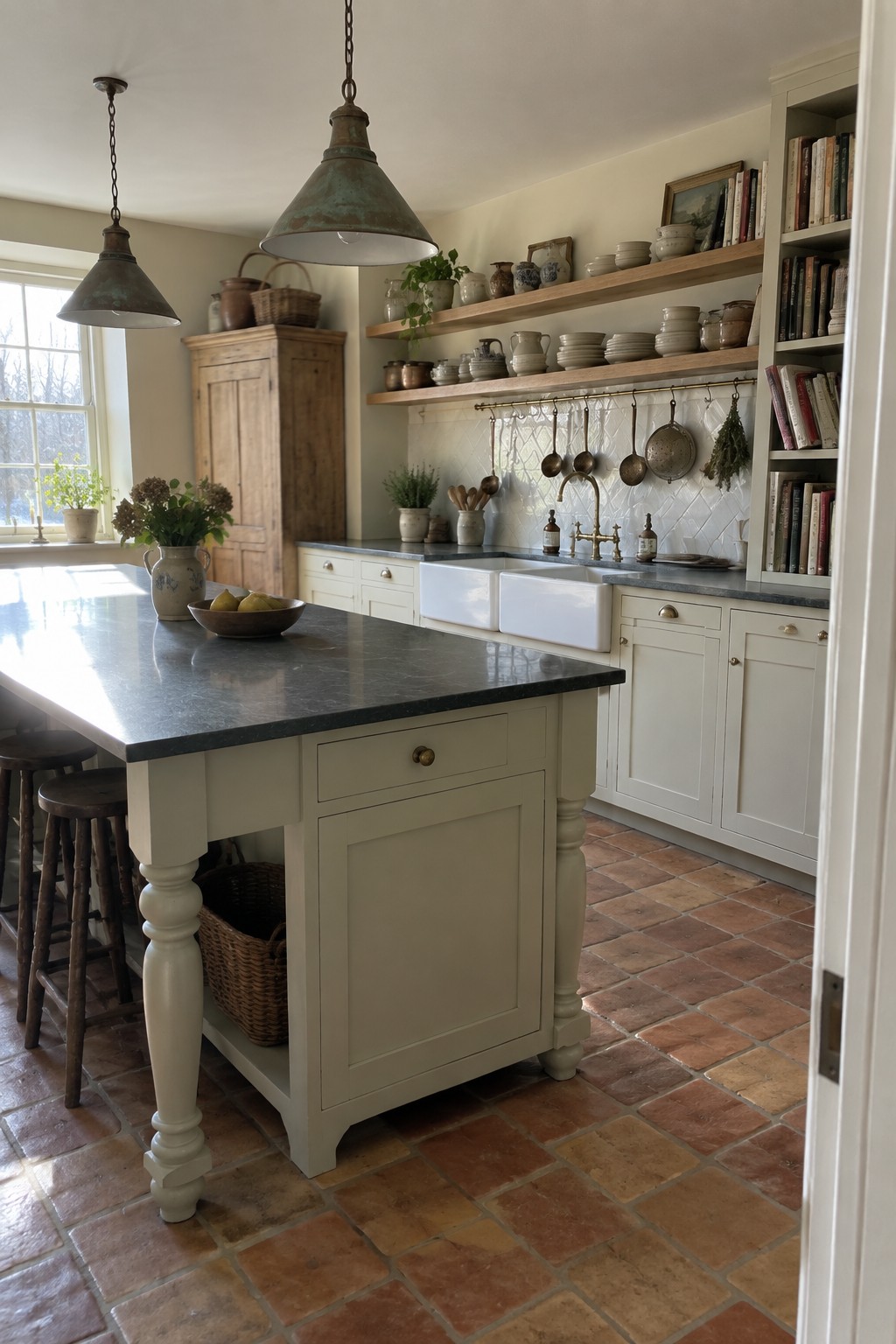 A farmhouse kitchen interior showing white Shaker cabinets below wooden open shelves filled with pottery and dishes, a dark countertop island, and terracotta tile flooring.