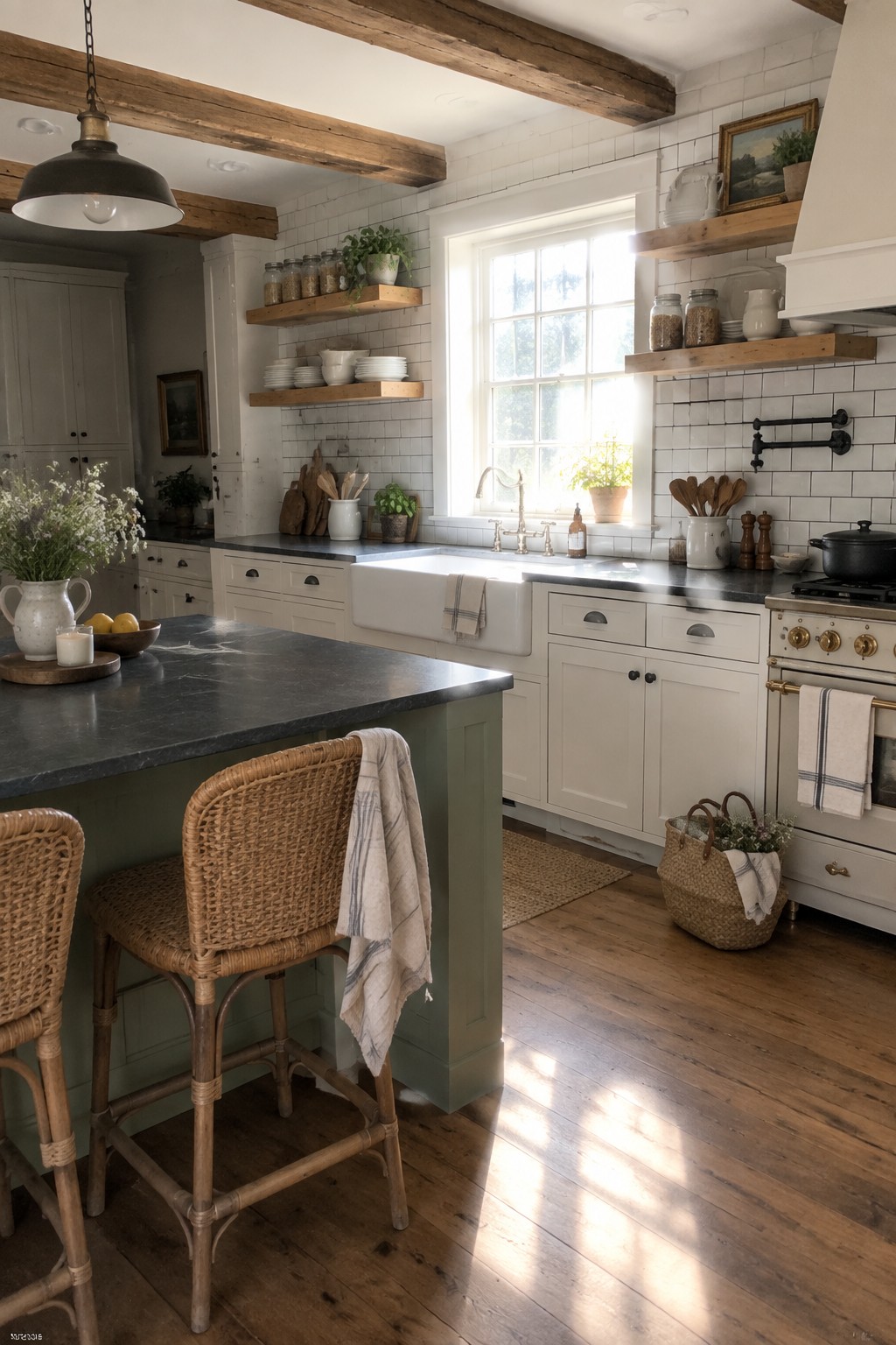 A farmhouse kitchen with white shaker cabinets, wooden open shelves on a white tile wall, a dark countertop island with wicker stools, and a white farmhouse sink under a window.