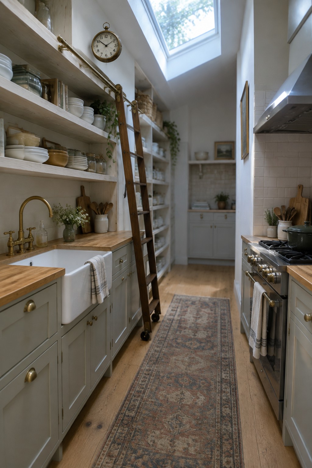 A narrow galley kitchen with light gray shaker cabinets, wooden open shelves stocked with dishes, a white farmhouse sink, stainless steel range, and a wooden rolling ladder leaning against the shelving unit.