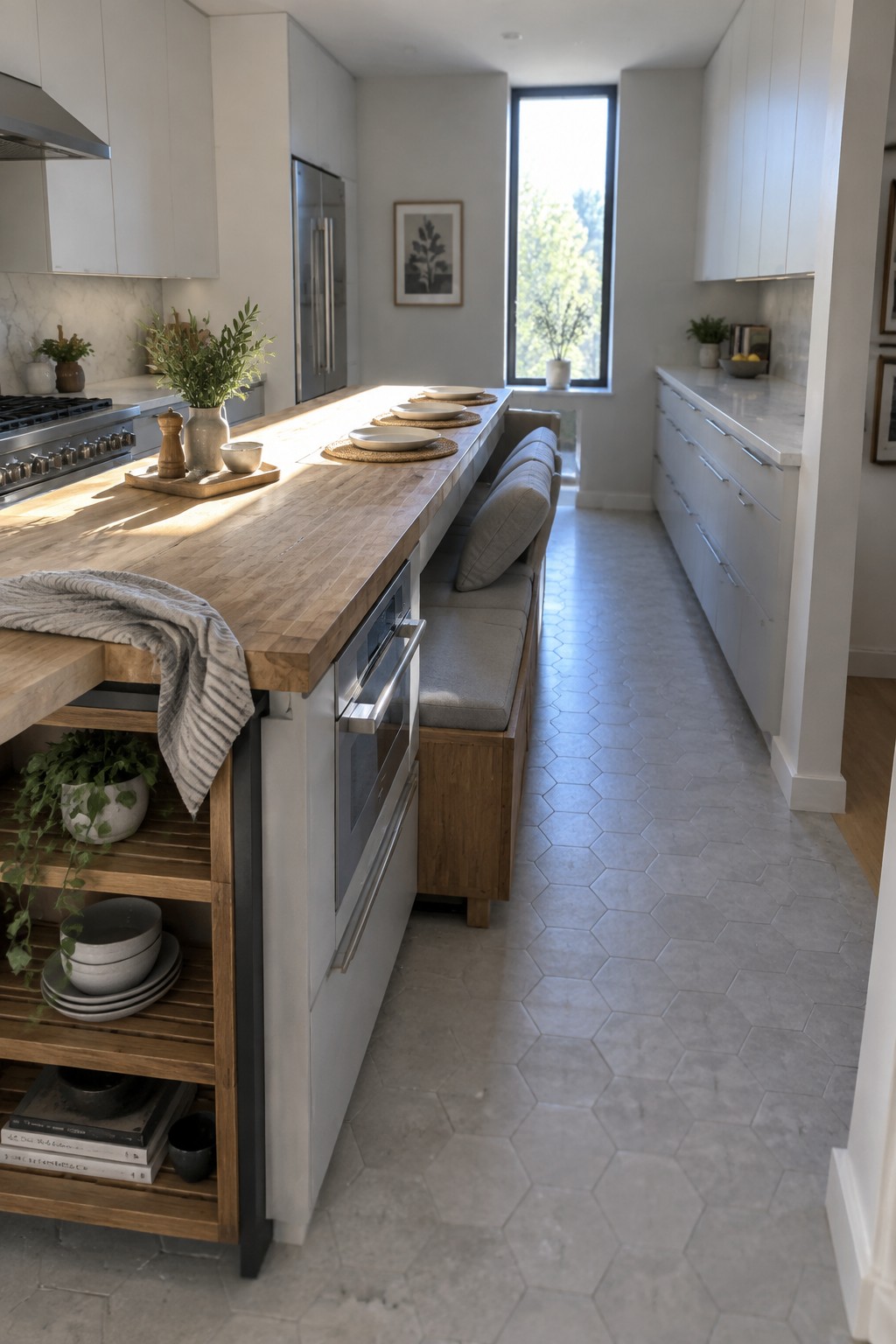 Modern kitchen with long wooden island, built-in bench, white cabinets, and hexagonal tiles