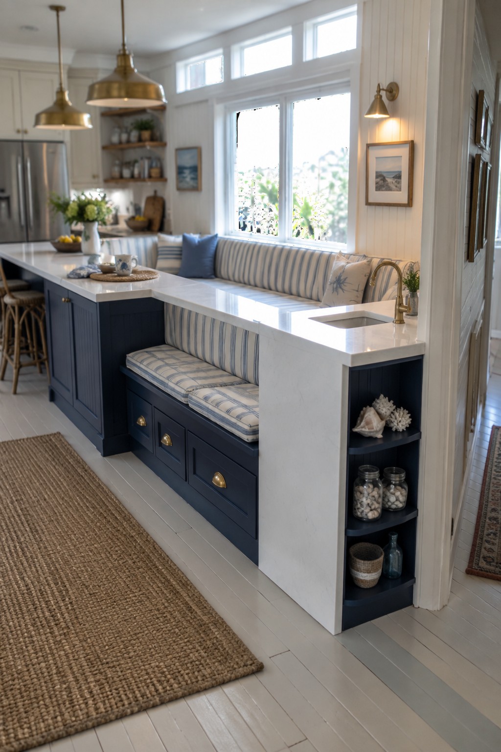 A kitchen island with white countertop, navy blue cabinet base, built-in striped bench seating, and open shelving on the end holding glass jars and shells.