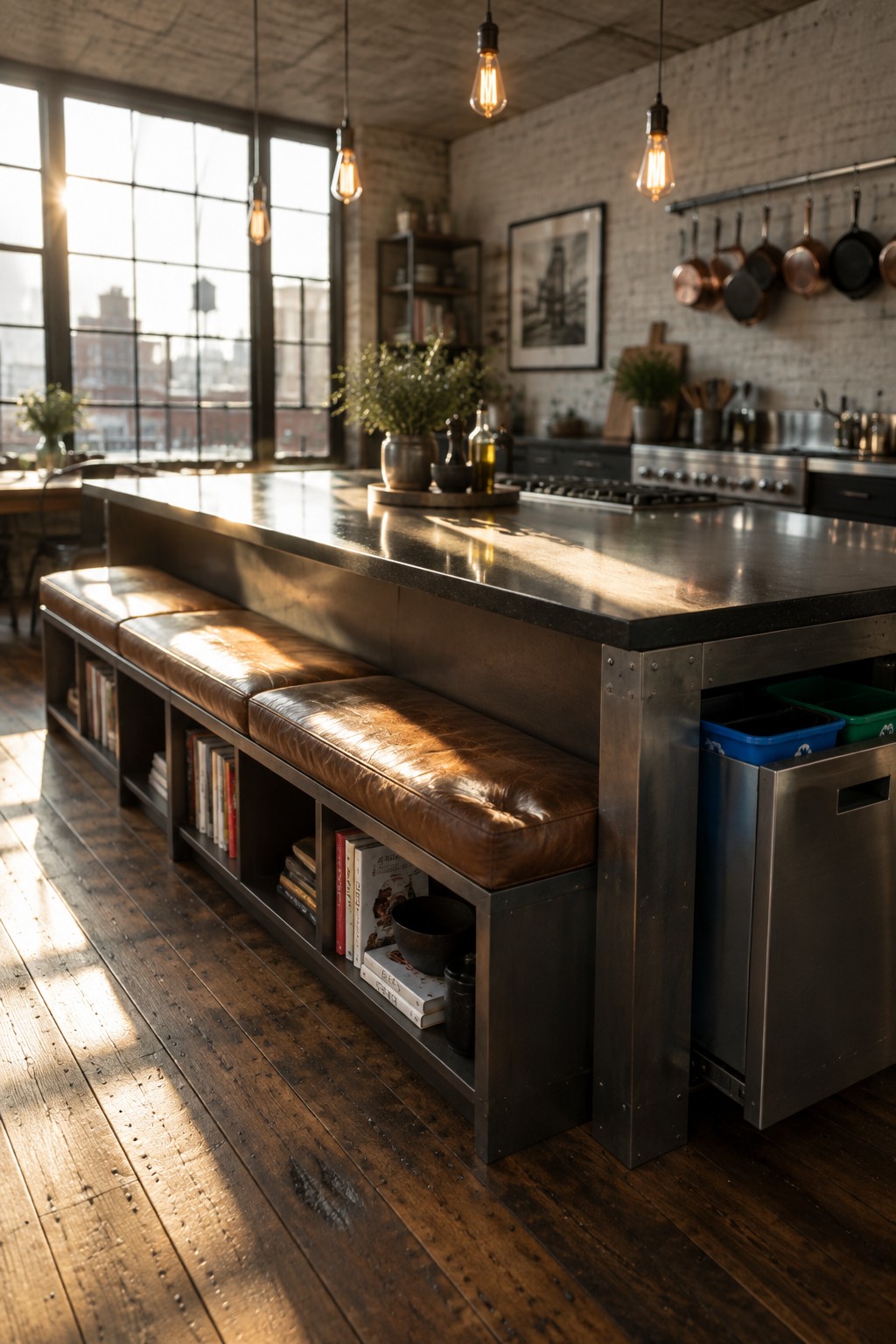 A large modern kitchen island with a black countertop, dark metal frame, brown leather built-in benches along one side, and open shelving filled with books and bowls, next to a stainless steel storage area with bins.