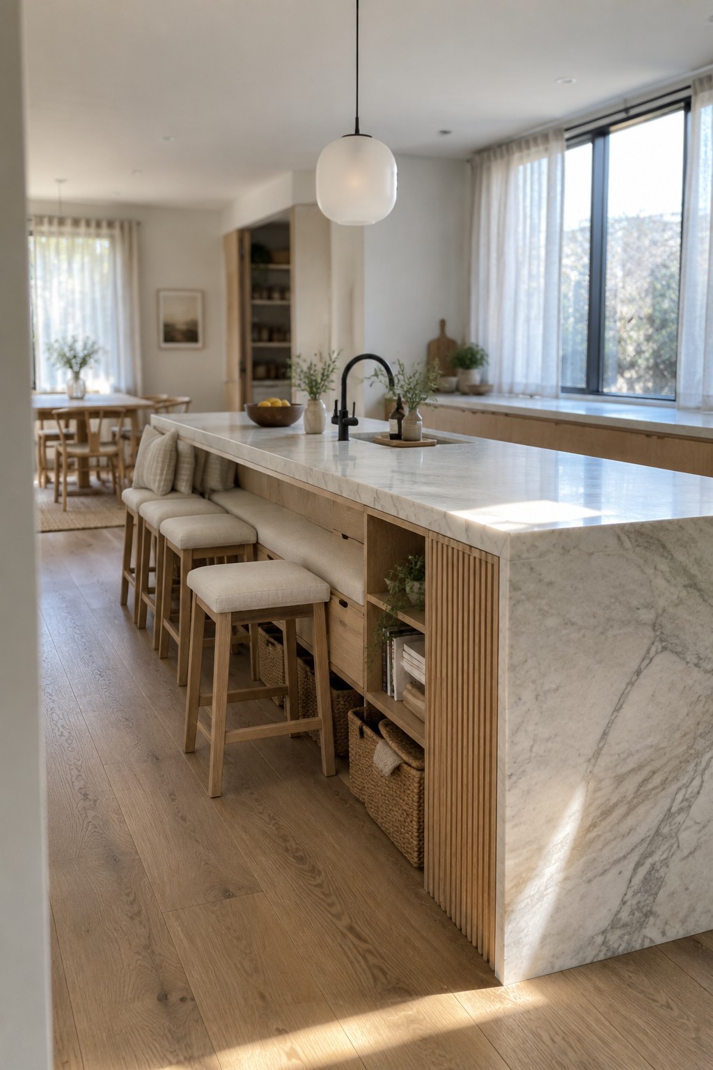A long kitchen island with white marble countertop, light wood base, built-in beige cushioned bench and wooden stools on one side, plus open shelving and woven baskets for storage.