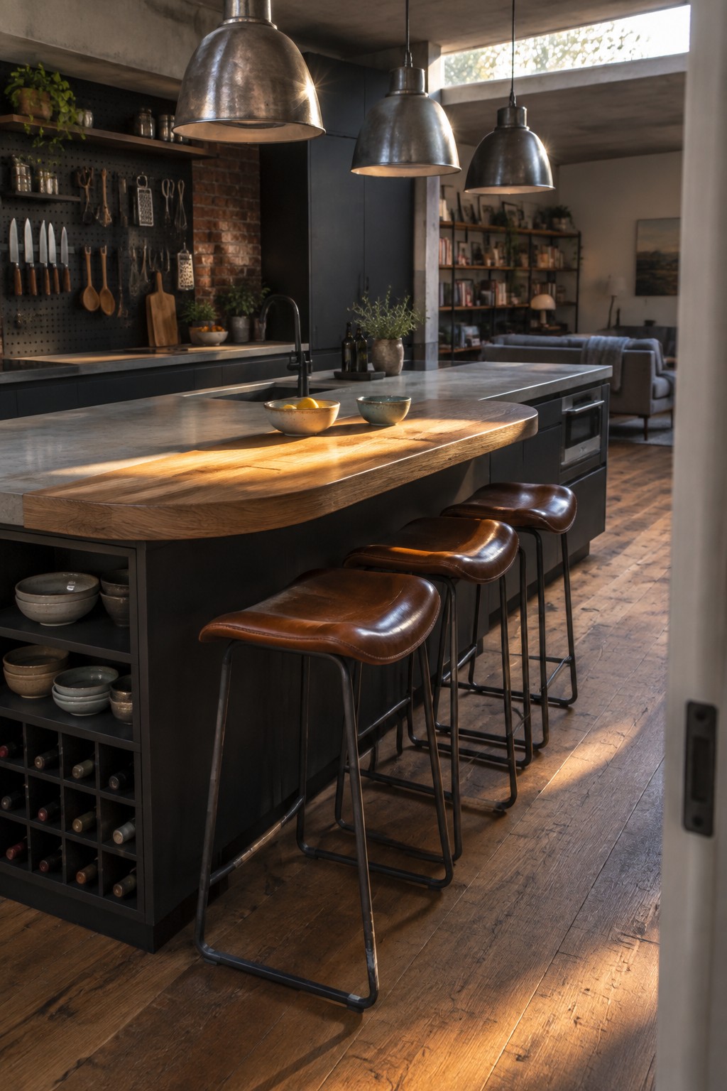 A large modern kitchen island with a wood-edged concrete top, dark base with open shelving and wine storage, and three brown leather bar stools along one side.