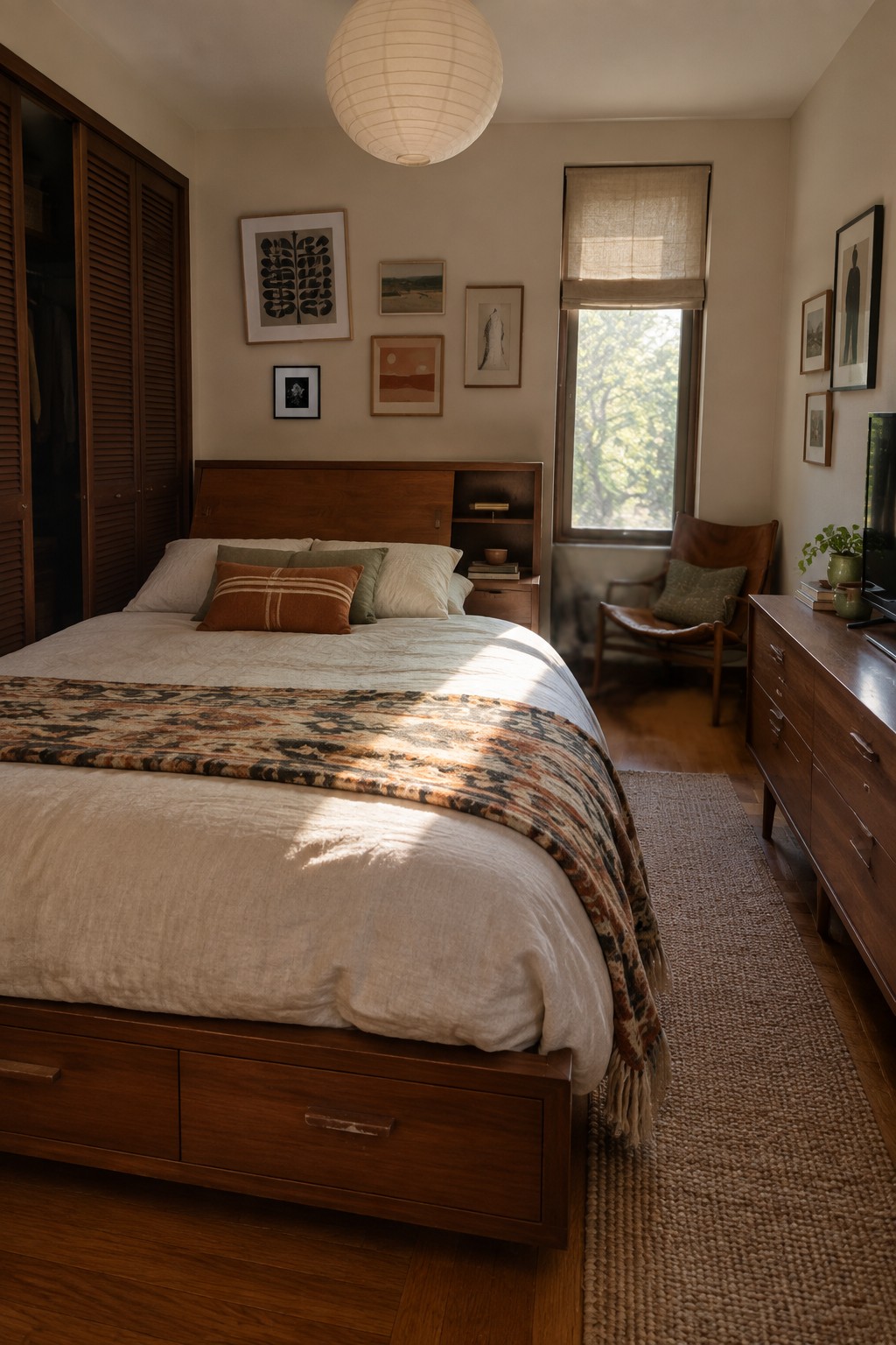 Sunlit bedroom with wooden bed, white linens, patterned throw, leather chair, and gallery wall.